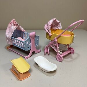 VINTAGE Mini Dollhouse Furniture Set Baby Stroller Crib Pink Yellow Blue Toy